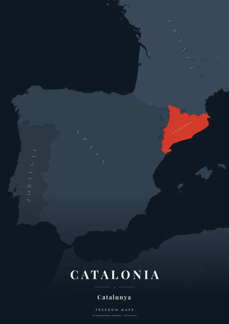Catalonia poster map — Iberia framing · Noir · serif